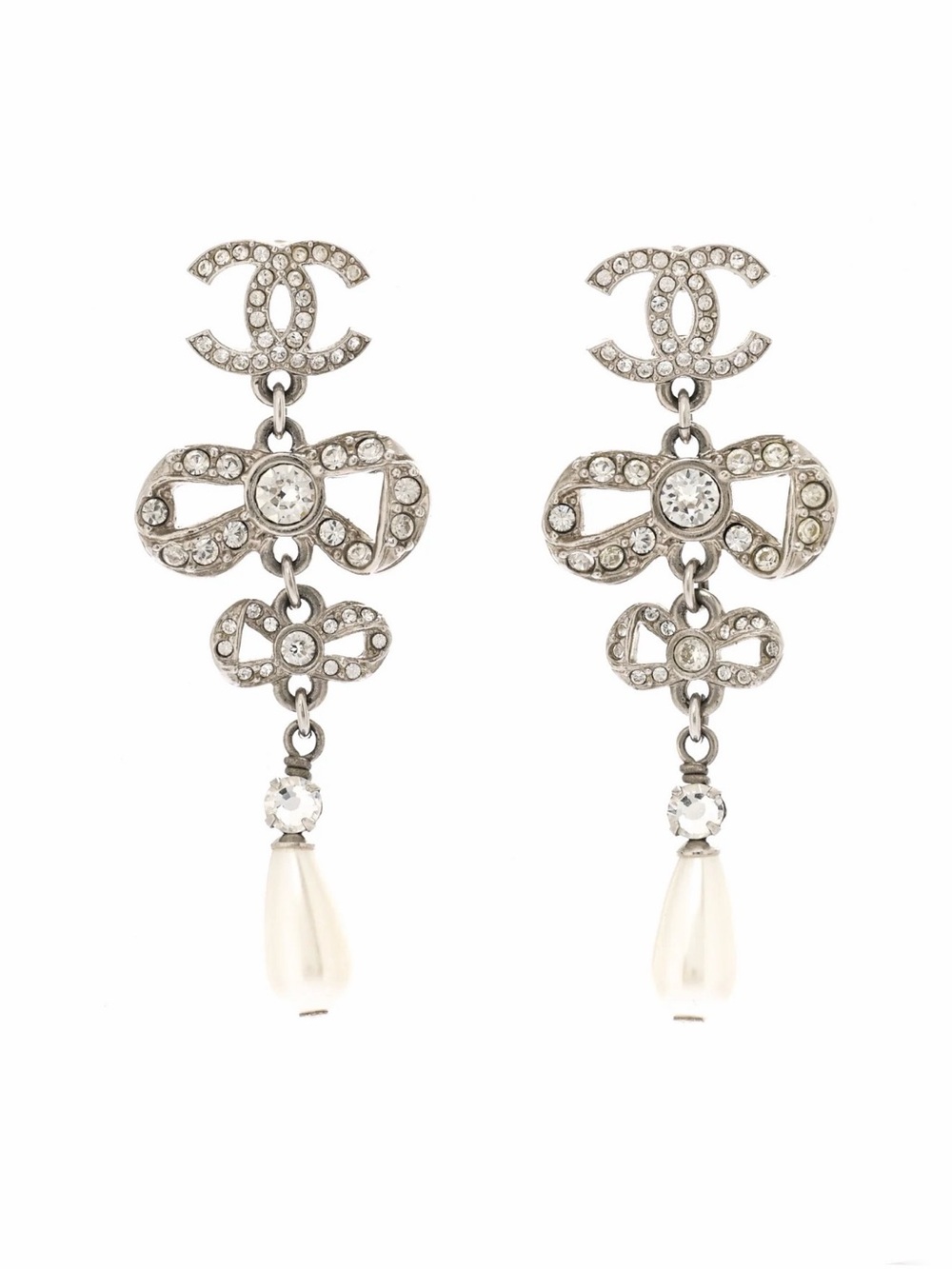 CHANEL Crystal Pearl CC Bow Drop Earrings Gold